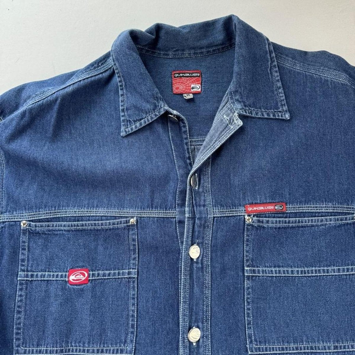 1990s Quiksilver Lightweight Denim Oversized Button Down Surf Shirt M - Threads Uncovered