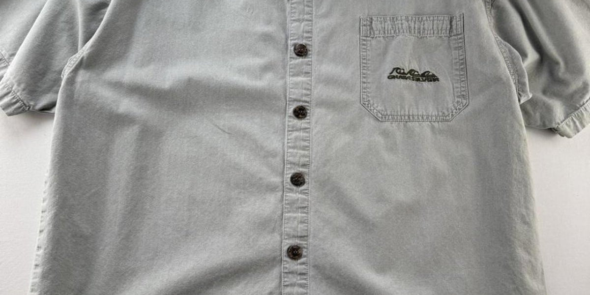 1990s Stone Grey Quiksilver Surf Button Down Shirt XL - Threads Uncovered