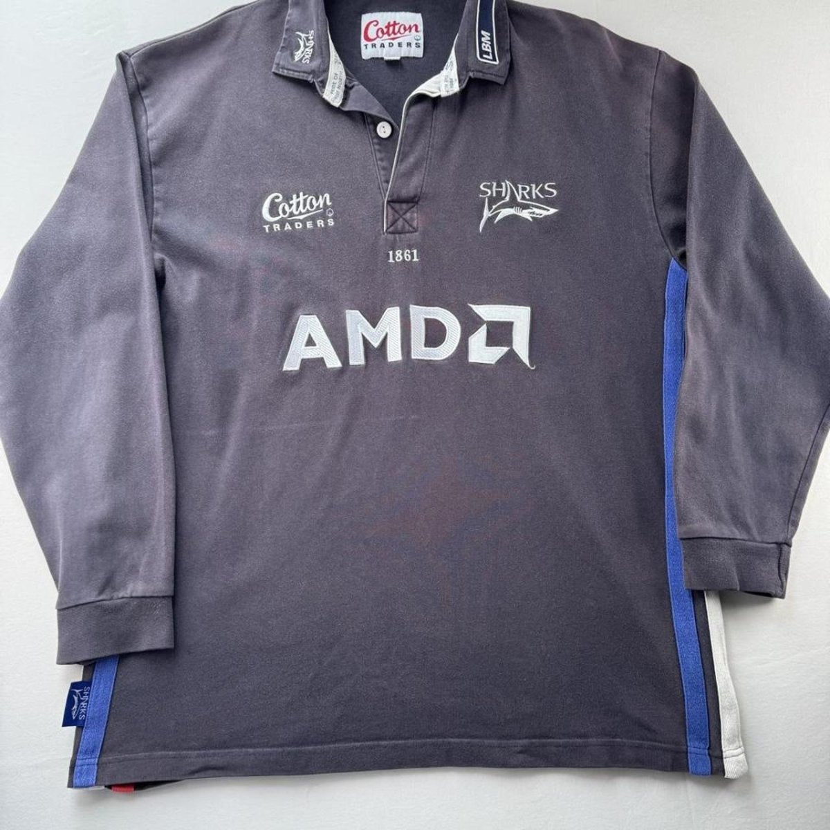 1999-2000 Cotton Traders Sale Sharks Long Sleeve Rugby Polo Shirt XL - Threads Uncovered