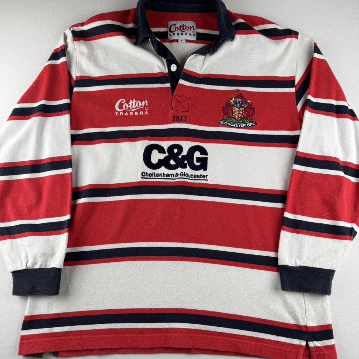 1999 Gloucester Rugby Cotton Traders Striped Rugby Polo Shirt L - Threads Uncovered