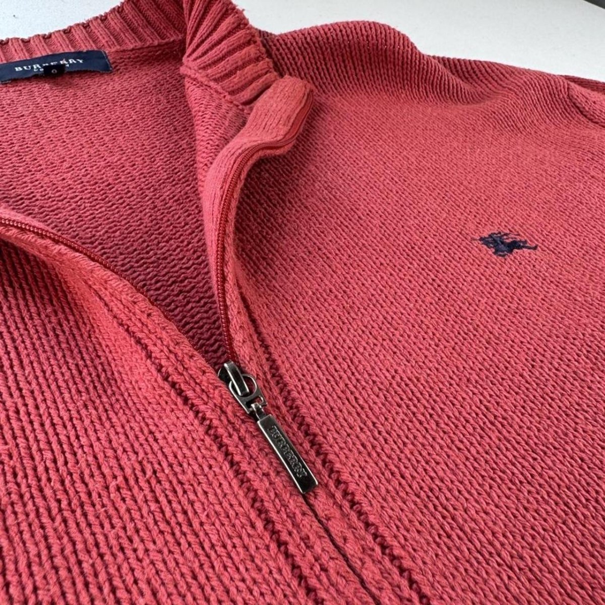 2000s Burberry Embroidered Logo Thick Knitted Full Zip Jumper L/XL - Threads Uncovered