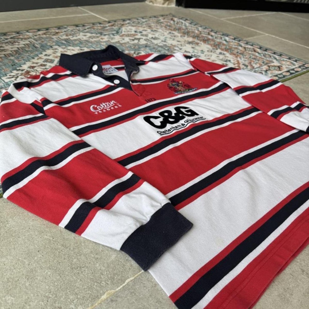 2003-05 Cotton Traders Long Sleeve Striped Gloucester Rugby Polo L - Threads Uncovered