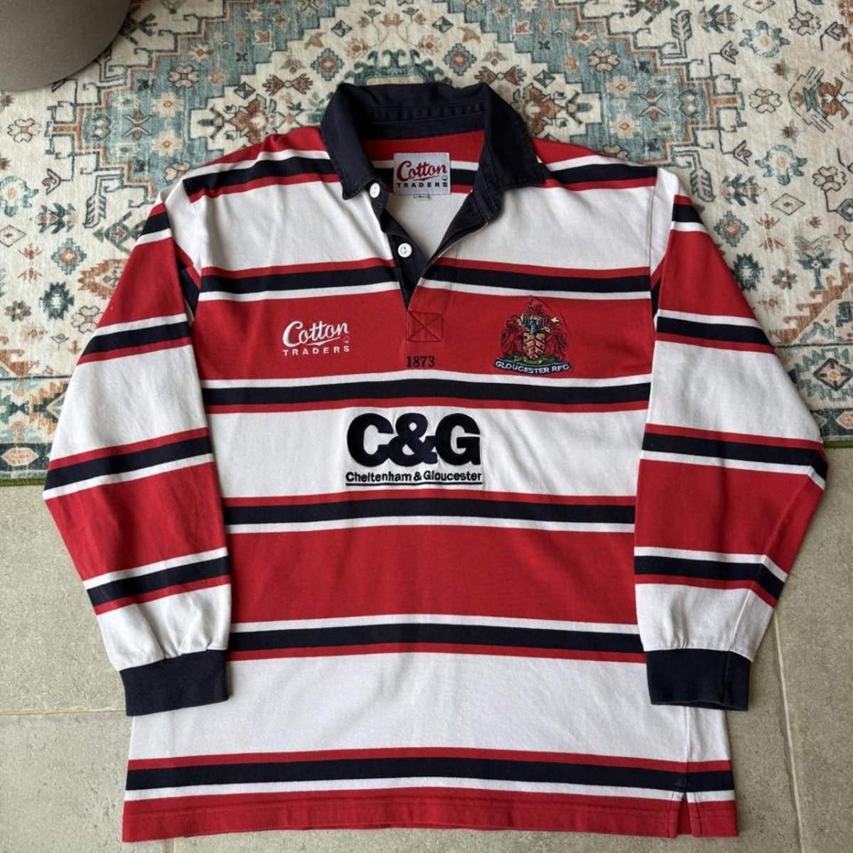 2003-05 Cotton Traders Long Sleeve Striped Gloucester Rugby Polo L - Threads Uncovered
