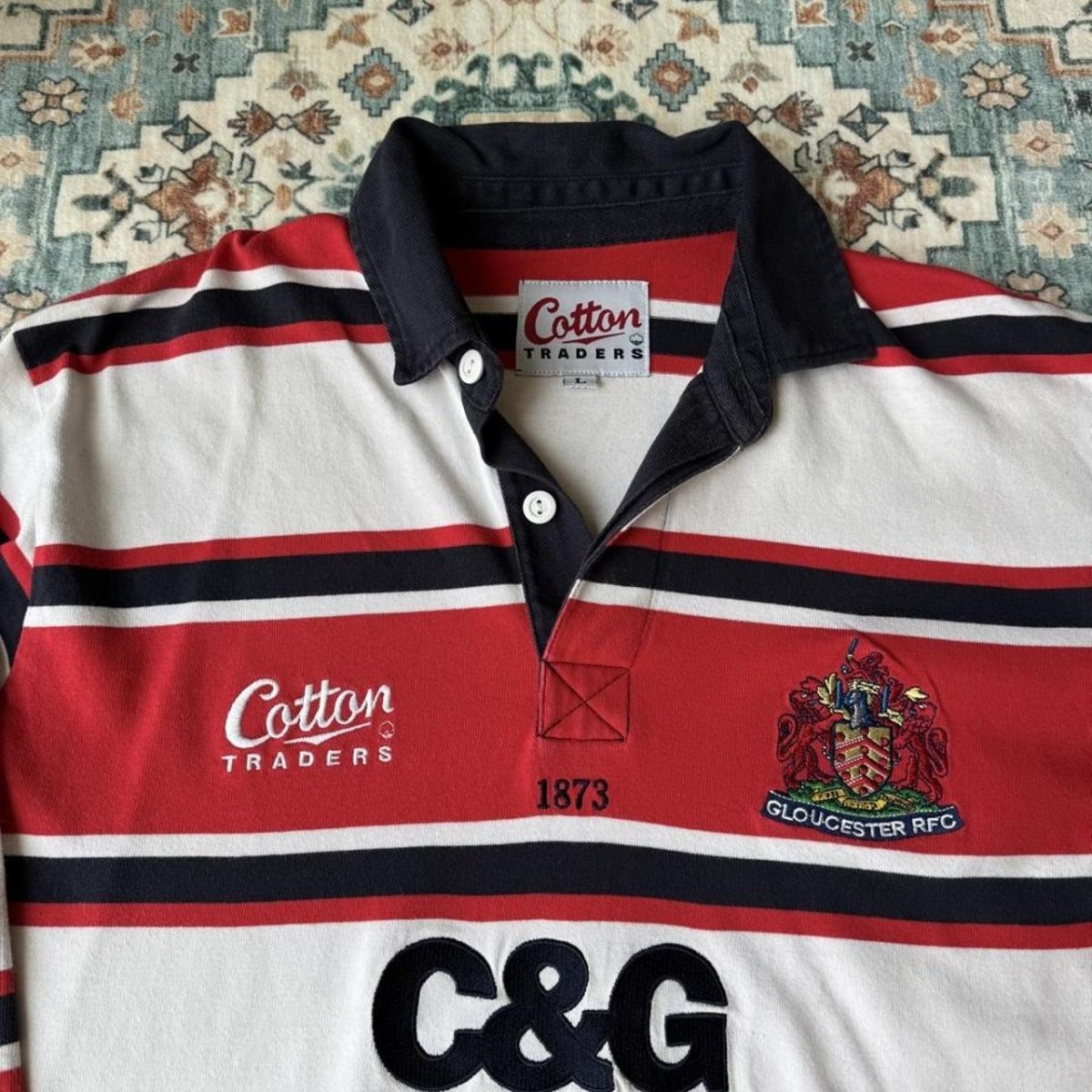 2003-05 Cotton Traders Long Sleeve Striped Gloucester Rugby Polo L - Threads Uncovered
