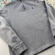 Polo Ralph Lauren grey quarter zip jumper with embroidered pony logo and slim fit.