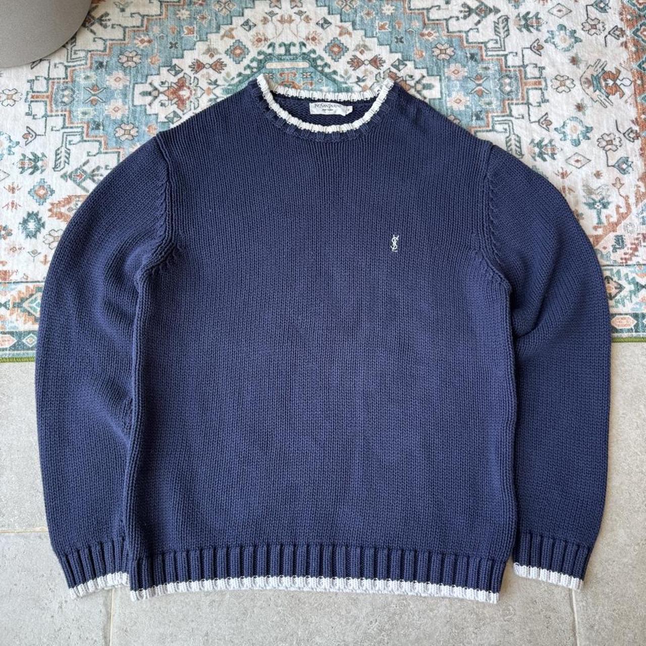 Yves Saint Laurent navy sweatshirt with white trim and embroidered YSL logo.