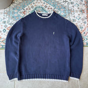 Yves Saint Laurent navy sweatshirt with white trim and embroidered YSL logo.