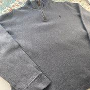 Polo Ralph Lauren grey quarter zip fleece with embroidered logo and soft material.