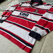 Cotton Traders men's long sleeve polo, red and white striped, embroidered Gloucester Rugby logo.