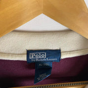 Polo Ralph Lauren burgundy rugby polo shirt with white stripes and embroidered logo.