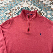 Polo Ralph Lauren pink quarter zip fleece with embroidered logo and soft material.