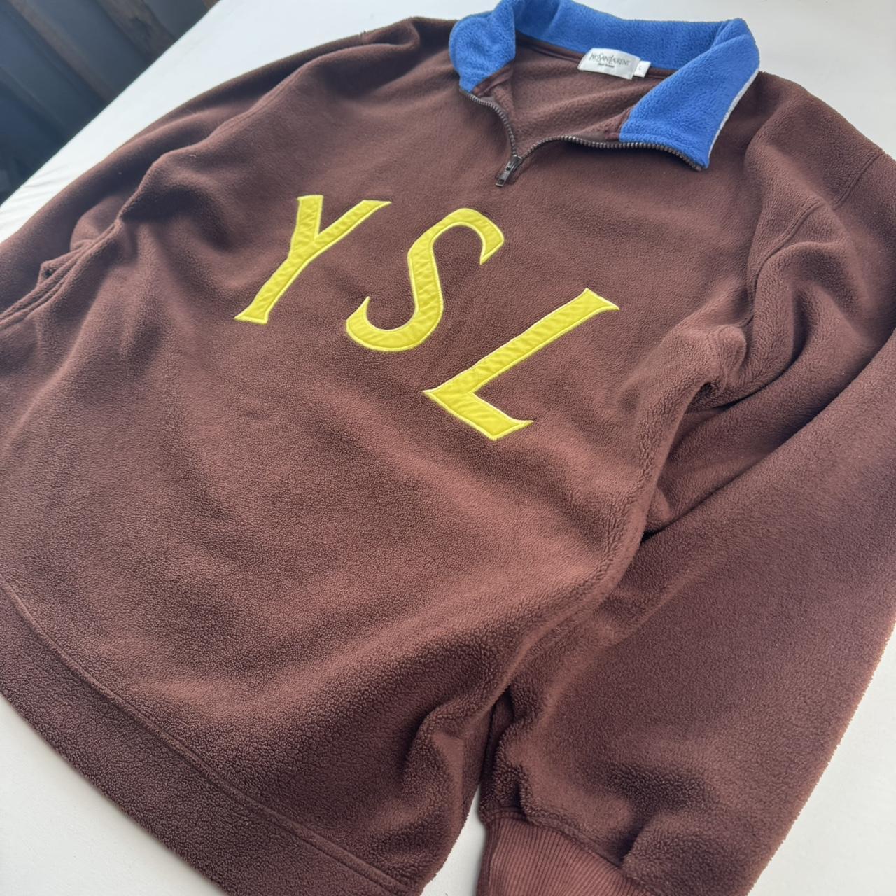 Rare Brown Yves Saint Laurent YSL Embroidered Quarter Zip Fleece L