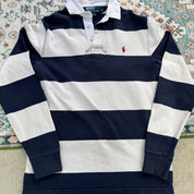 Polo Ralph Lauren navy rugby polo shirt with thick stripes and embroidered logo.