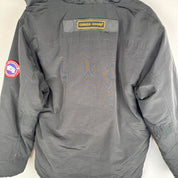 Canada Goose black parka jacket, missing fur trim, regular fit, size medium.