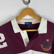 Polo Ralph Lauren burgundy rugby polo shirt with white stripes and embroidered logo.