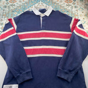 Polo Ralph Lauren oversized rugby polo, thick fabric, striped panels, classic logo.