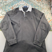 Polo Ralph Lauren grey rugby polo shirt with embroidered logo and thick fabric.