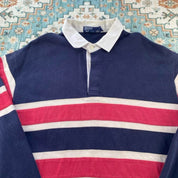 Polo Ralph Lauren oversized rugby polo, thick fabric, striped panels, classic logo.