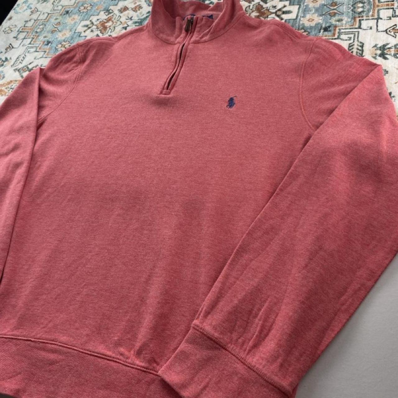 Polo Ralph Lauren pink quarter zip fleece with embroidered logo and soft material.