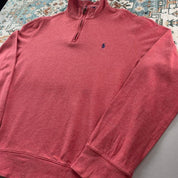 Polo Ralph Lauren pink quarter zip fleece with embroidered logo and soft material.
