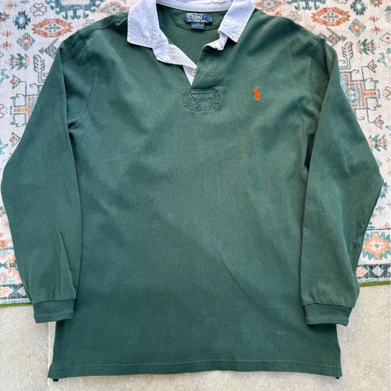 Polo Ralph Lauren green rugby polo shirt with embroidered logo and thick fabric.