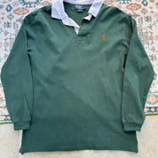 Polo Ralph Lauren green rugby polo shirt with embroidered logo and thick fabric.
