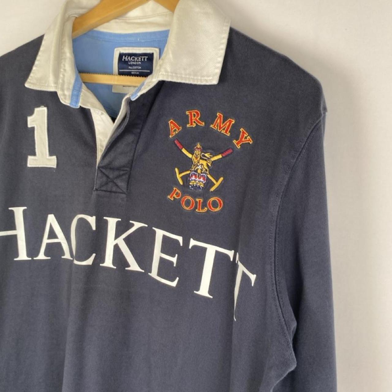 Hackett navy and white rugby polo shirt with spellout logo and thick fabric.
