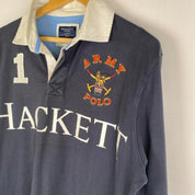 Hackett navy and white rugby polo shirt with spellout logo and thick fabric.
