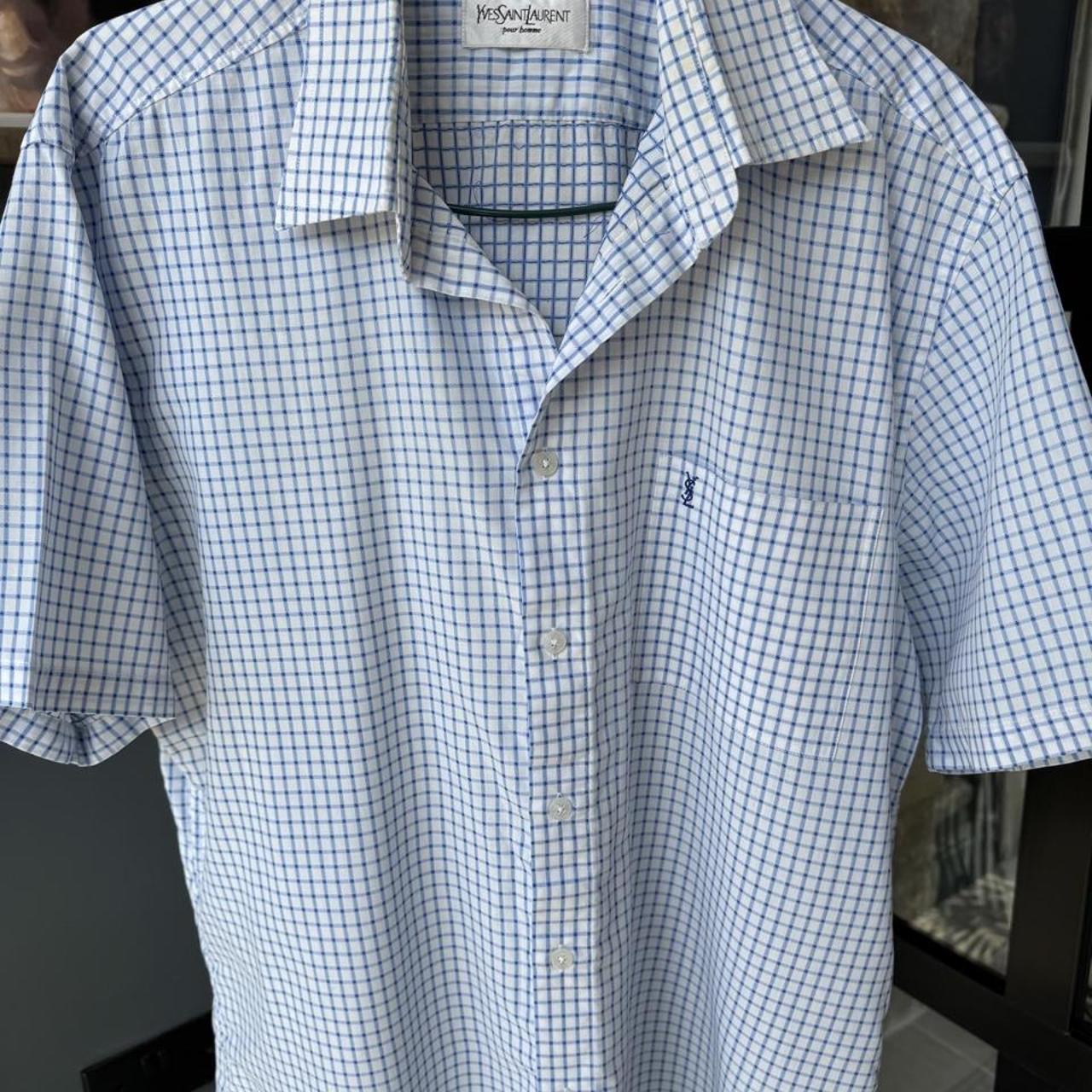 Yves Saint Laurent short sleeve button down shirt blue embroidered YSL logo.