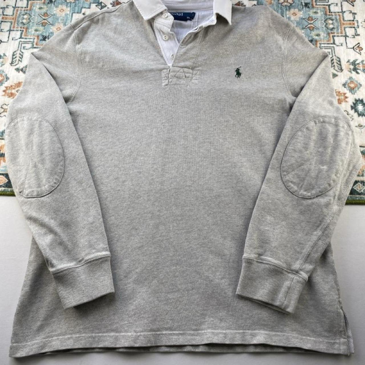 Polo Ralph Lauren grey rugby polo shirt with green pony logo and classic fit.