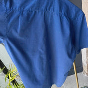 Quiksilver men's button down shirt, blue and white striped, embroidered logo detail.