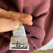 Stüssy oversized burgundy hoodie with embroidered box logo and relaxed fit.