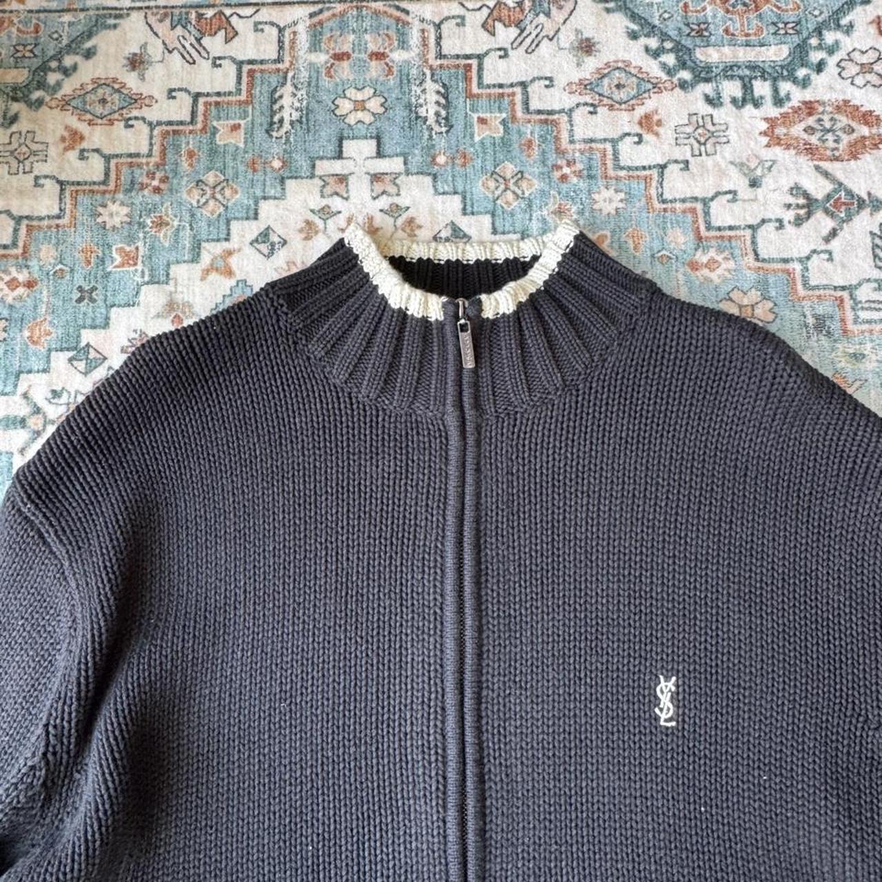 Yves Saint Laurent thick knitted jumper, navy blue, embroidered YSL logo, full zip design.