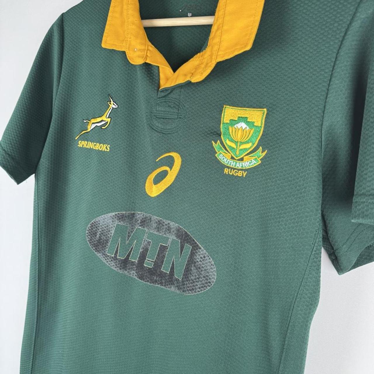 ASICS men's polo shirt green with Springboks logo and rugby-inspired design.