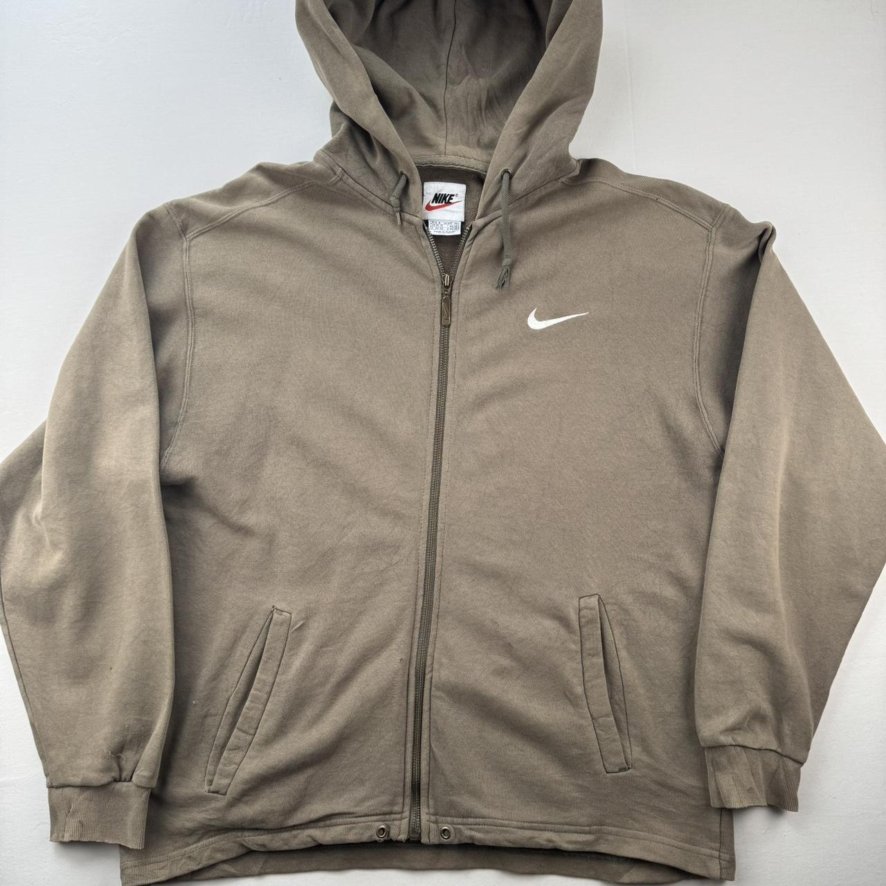 1990s Distressed Brown Embroidered Swoosh Oversized Full Zip Hoodie S