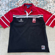Kooga men's rugby polo shirt, navy blue, embroidered Dubai 7s logo, cotton material.