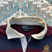 Polo Ralph Lauren burgundy and yellow short sleeve rugby polo with logo and collar details.