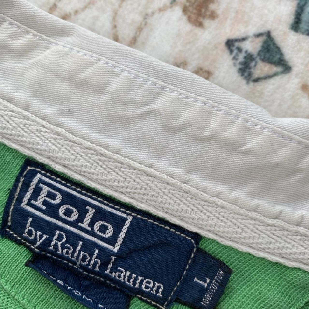 Polo Ralph Lauren green striped rugby polo shirt with embroidered logo and cotton material.