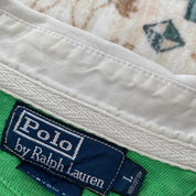 Polo Ralph Lauren green striped rugby polo shirt with embroidered logo and cotton material.