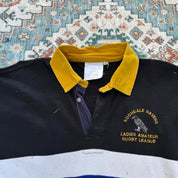 Rochdale Ravens women's 1990s rugby polo, black with logo and vintage design details.