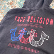 True Religion black full zip hoodie with logo detail and regular fit.