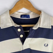 Fred Perry men's rugby polo shirt cream and navy stripes with logo detail.