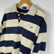 Fred Perry men's rugby polo shirt cream and navy stripes with logo detail.
