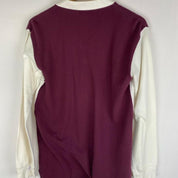 Polo Ralph Lauren burgundy rugby polo shirt with white stripes and embroidered logo.