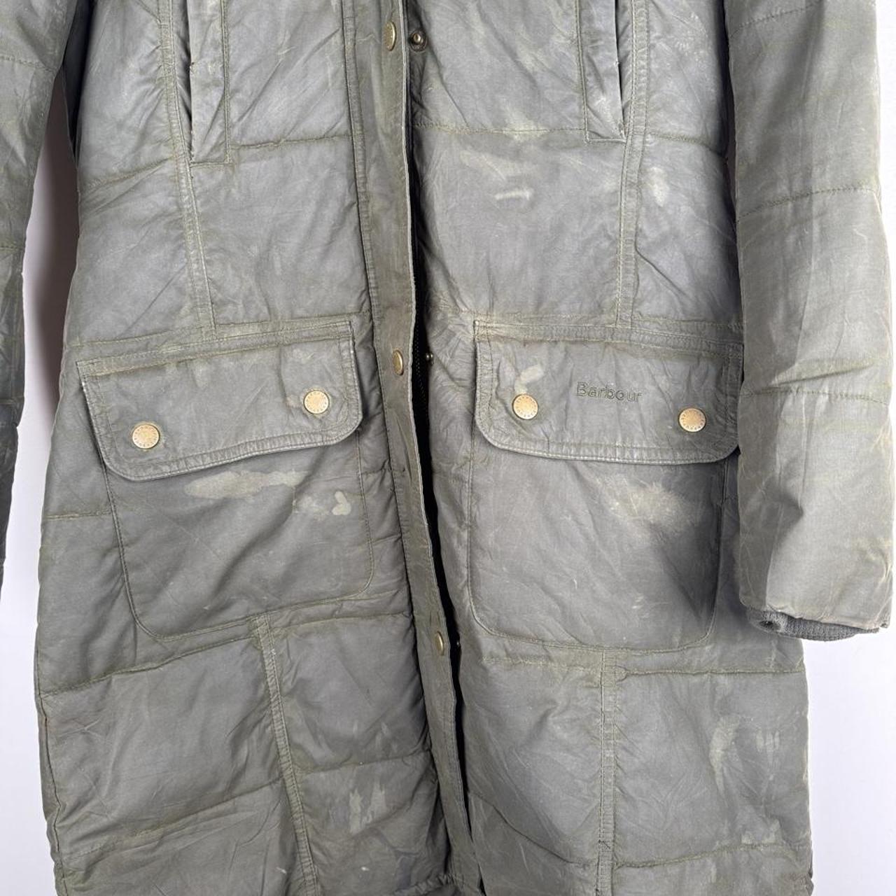 Barbour khaki women's thick down jacket with logo and signs of wear.