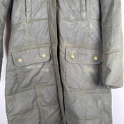Barbour khaki women's thick down jacket with logo and signs of wear.