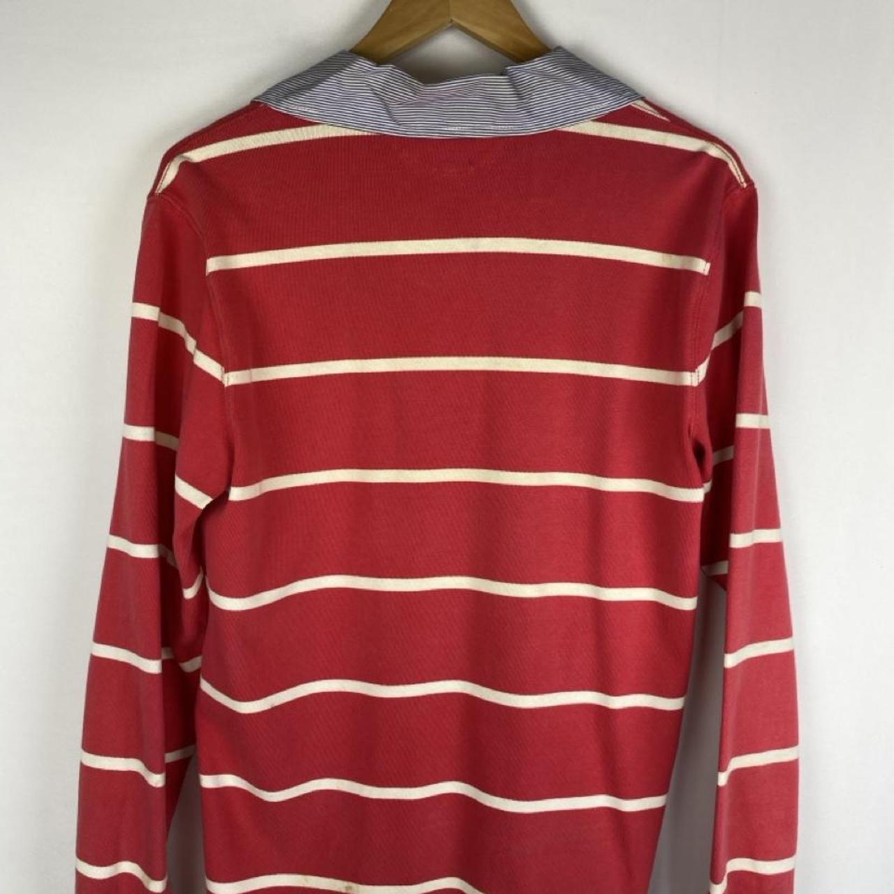 Polo Ralph Lauren red and white striped rugby polo shirt with embroidered logo.