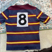 Polo Ralph Lauren burgundy and yellow short sleeve rugby polo with logo and collar details.