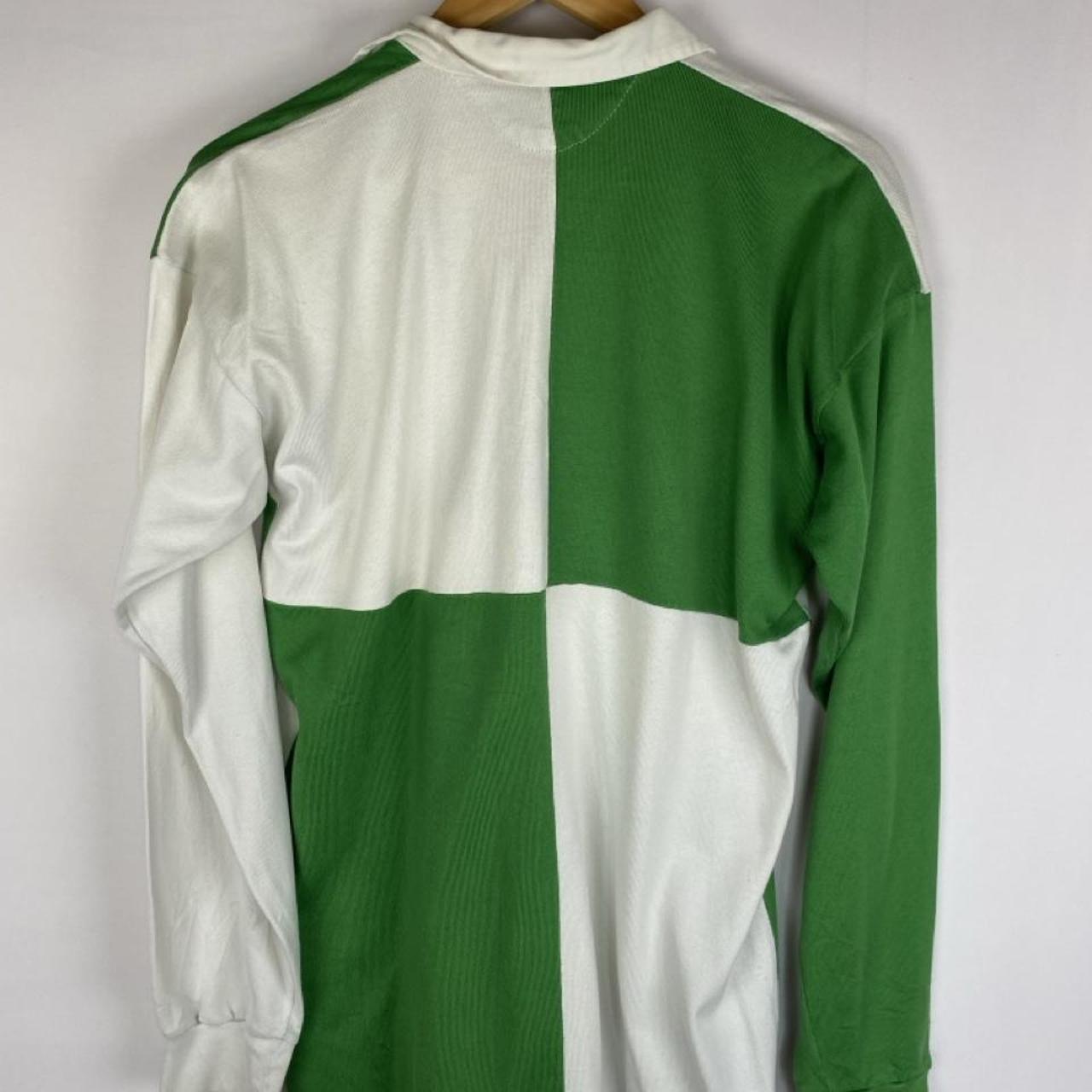 ONeills green and white checkered rugby polo shirt with vintage logo detail.