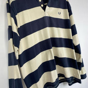 Fred Perry men's rugby polo shirt cream and navy stripes with logo detail.